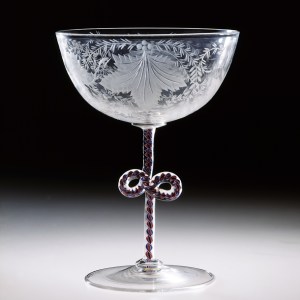 Wine glass, engraved, twisted enamel threads in stem. George Bacchus